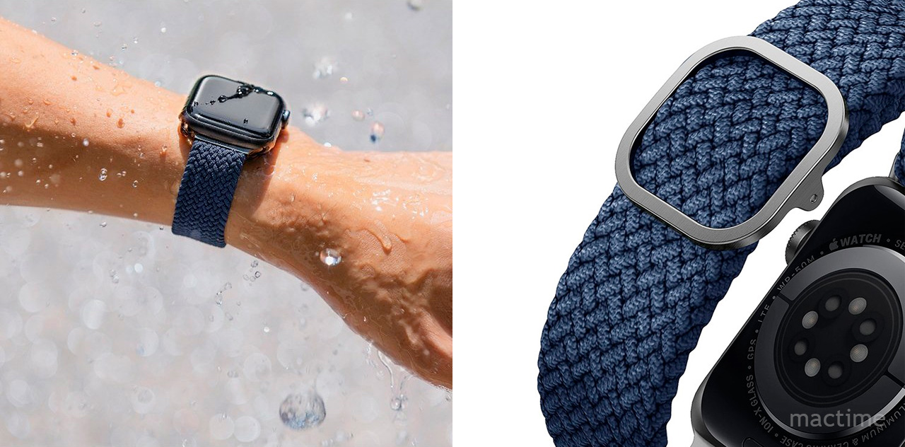 Плетёный ремешок Uniq ASPEN Strap для Apple Watch 45/44/42 mm и Ultra синего цвета